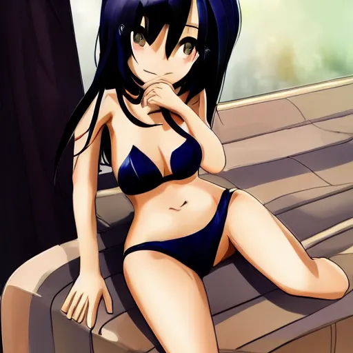 Prompt: black-haired beauty in 2D style , in a bikini , knee-length hair