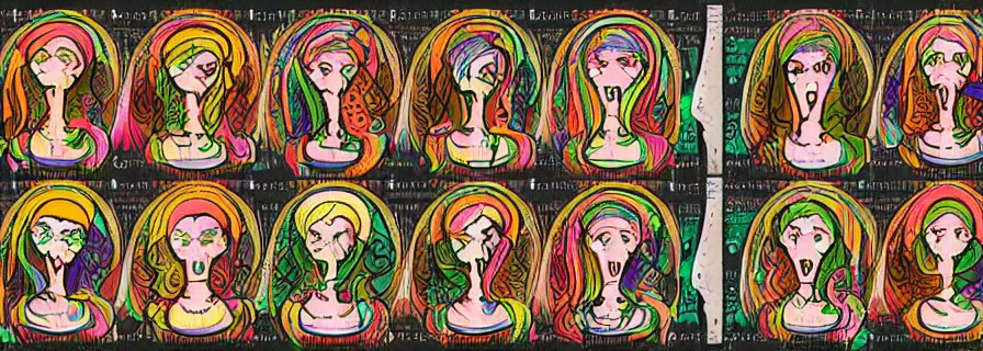 Image similar to pattern of anthropomorphic social bot network accompanying female with rainbow pony tails, cyber haircut, v decollete, leonard da vinci style