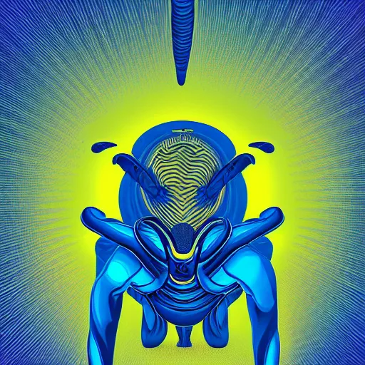 Image similar to human man that resembles a wasp morh in surreal sketch style, blue and yellow gradient, noise, ultrafine detail, hd 8k, logo illustration