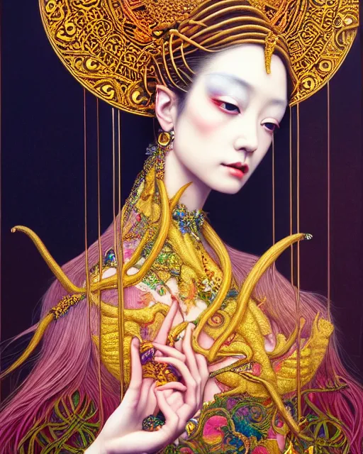 Prompt: portrait of a beautiful goddess, unusual beauty, esoteric, other worldly colors, head in focus, fantasy art, ornamental aesthetics, intricate, elegant, highly detailed hyperrealistic painting, artstation, concept art, painterly, golden ratio, sharp focus, illustration, art by chie yoshii