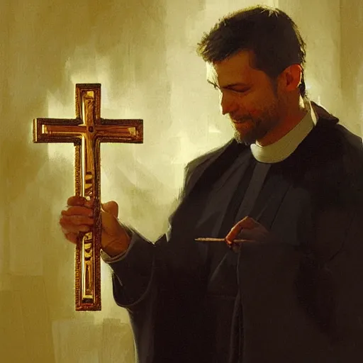 Image similar to Portrait painting of a christian priest holding a golden cross by his hands by greg rutkowski and Craig Mullins