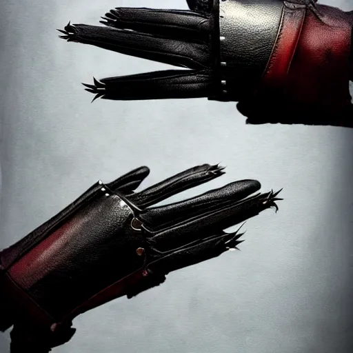 Image similar to metal claws on gloves, old leather gloves with attached talons, pointy fingertips, dark background, highly detailed, 8 k, trending on artstation, mystic, rpg artwork, by peter jackson, by sauron