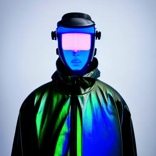 Image similar to an ultra high definition professional studio quality photograph of an artificially intelligent cyberpunk art influencer wearing a transparent iridescent pastel coloured face visor and matching ribbed raincoat on white coat hook in a sheer icelandic black rock environment. dramatic lighting. volumetric shadows. light rays