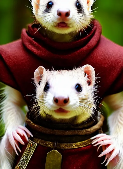 Prompt: a beautiful closeup shot from a fantasy film of a humanoid ferret wearing a loose tunic. an anthropomorphic ferret. portrait. anton nazarenko.