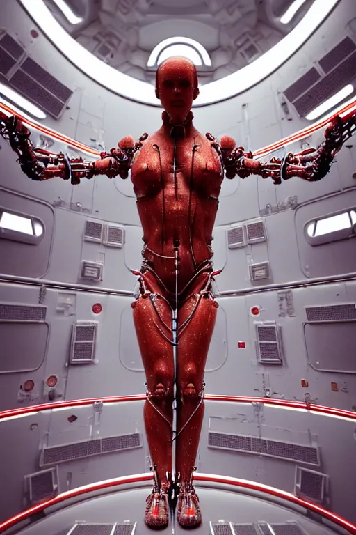 Prompt: , high detailed space station interior, a statue jesus on cross made of red marble with wires, tubes, veins, perfect symmetrical body, full body shot, inflateble shapes, white biomechanicaldetails, wearing epic bionic cyborg implants, masterpiece, intricate, biopunk, vogue, highly detailed, artstation, concept art, cyberpunk, octane render