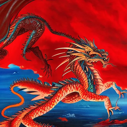 Prompt: great red bloody dragon goes against samurai and a beautiful geisha under intense dark clouds fighting tooth and blood over the great vast blue ocean oil painting 8 k