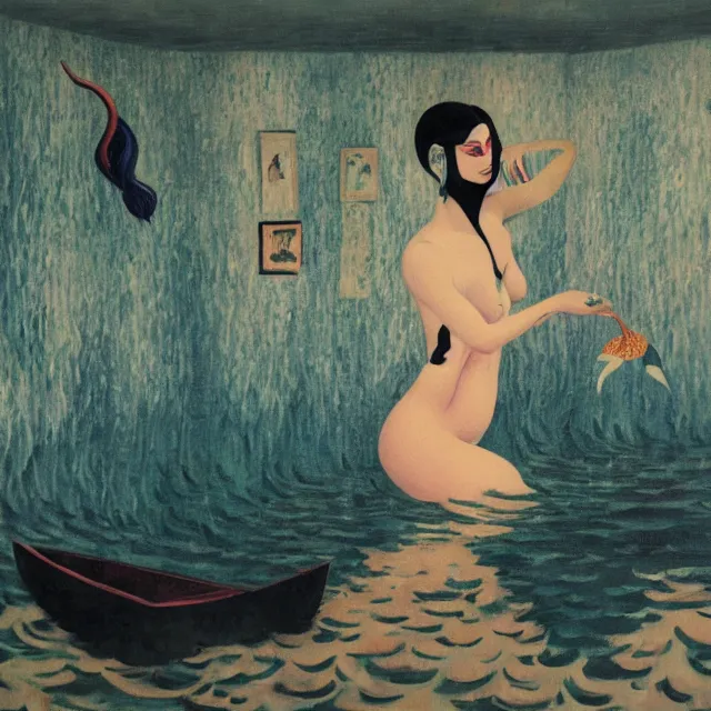 Image similar to tall emo female artist holding a mermaid in her flooded kitchen, pomegranates, octopus, water gushing from ceiling, painting of flood waters inside an artist's apartment, a river flooding indoors, ikebana, zen, rapids, waterfall, black swans, canoe, berries, acrylic on canvas, surrealist, by magritte and monet