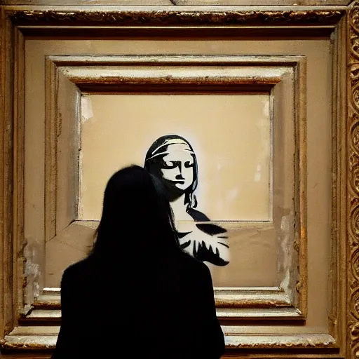 Image similar to banksy tagging the mona-lisa inside the Louvre