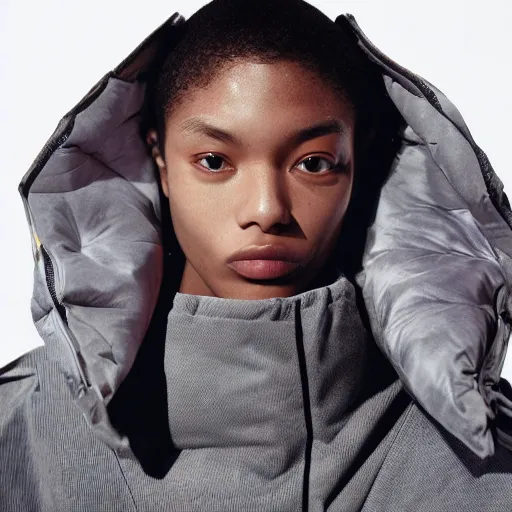 Image similar to realistic photoshooting for a new issey miyake lookbook, color film photography, portrait of a beautiful woman, model is wearing a asymetrical puffer jacket, photo in style of tyler mitchell, 3 5 mm,