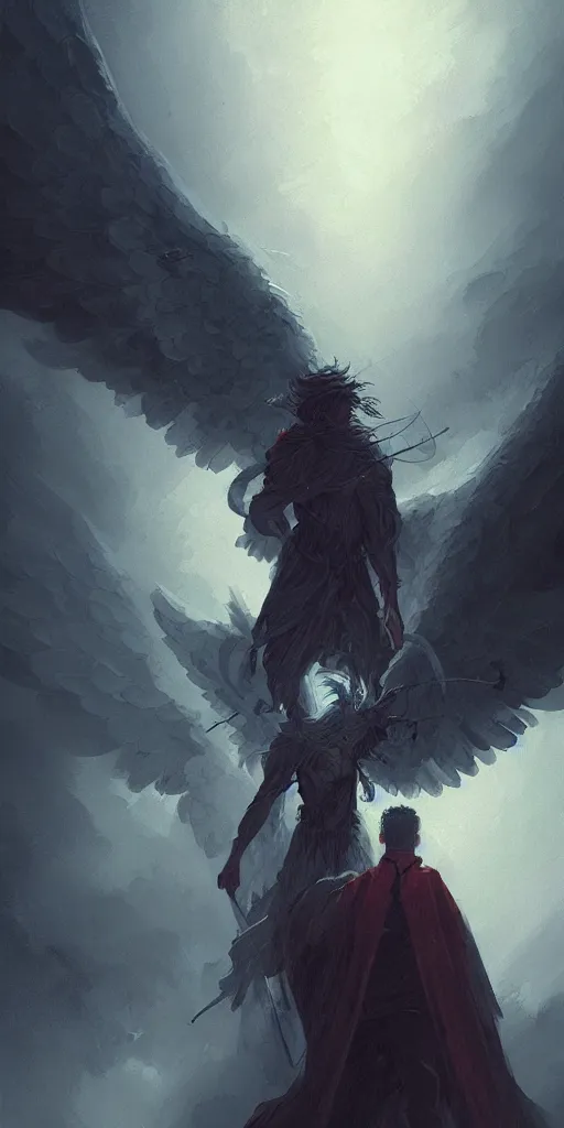 Image similar to angel protecting man, detailed intricate illustration, dark atmosphere, detailed illustration, hd, 4 k, digital art, overdetailed art, by greg rutkowski, by loish, complementing colors, trending on artstation, deviantart