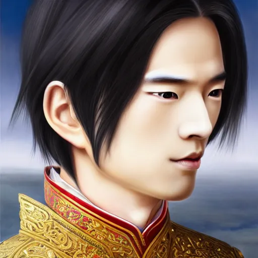 Image similar to a portrait of a young handsome Chinese prince, long black hair, golden eyes, elegant, intricate, backlit, incredible lighting, strong rim light, subsurface scattering, realistic anime, epic beautiful landscape, cherry trees, highly detailed, god rays, digital painting, by Heise Jinyao, Heise-Lian Yan Fang, Feimo, Rossdraws, HDRI, vivid colors, high contrast, 8k