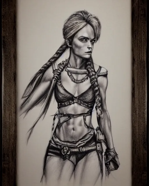 Image similar to A beautiful female warrior on a pirate ship at a deserted island, blended frame, realism pencil drawing on white paper, bald lines