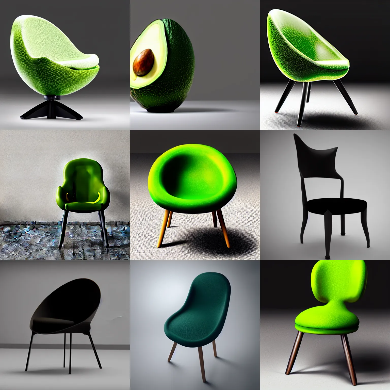 Prompt: a chair looking like an avocado ultra realistic 8 k studio lightning