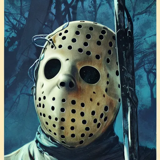 Image similar to vintage poster of a jason voorhees movie by karol bak, james jean, tom bagshaw, rococo, sharp focus, trending on artstation, cinematic lighting, hyper realism, octane render, 8 k, hyper detailed