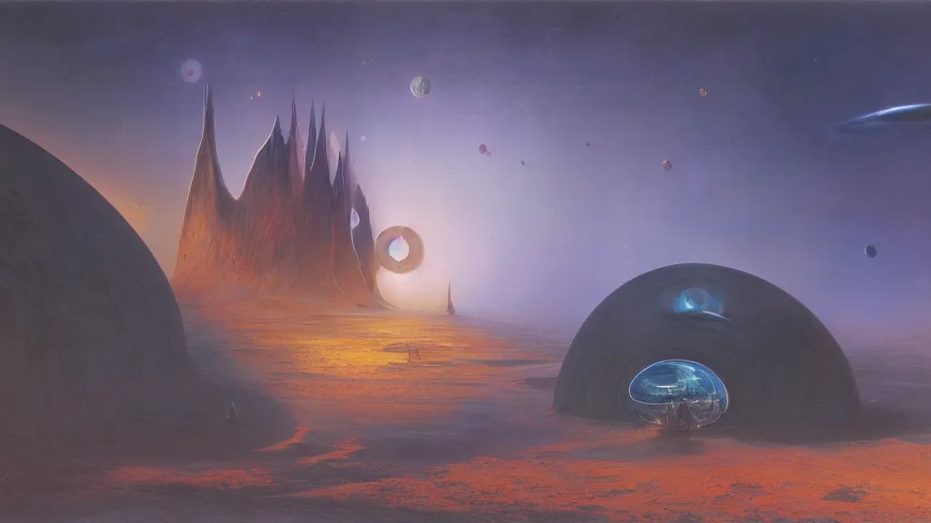 Prompt: otherworldly atmosphere of emissary space by arthur haas and bruce pennington and john schoenherr, cinematic matte painting buildings by zaha hadid and james turrell