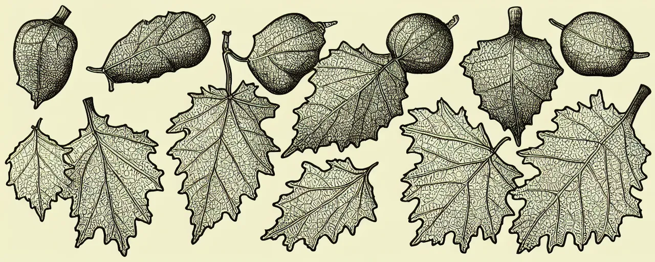 Prompt: a full page schematic diagram illustration of oak acorns on a wine leaf, ultra detailed, 4 k, intricate, encyclopedia illustration, fine inking lines