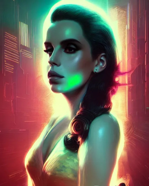 Image similar to portrait of lana del rey as a cyberpunk cyborg. roses, sci - fi, missing panels, intricate abstract upper body intricate artwork, by tooth wu, wlop, beeple, dan mumford. concept art, octane render, deviantart, greg rutkowski, cinematic, key art, hyperrealism, iridescent accents