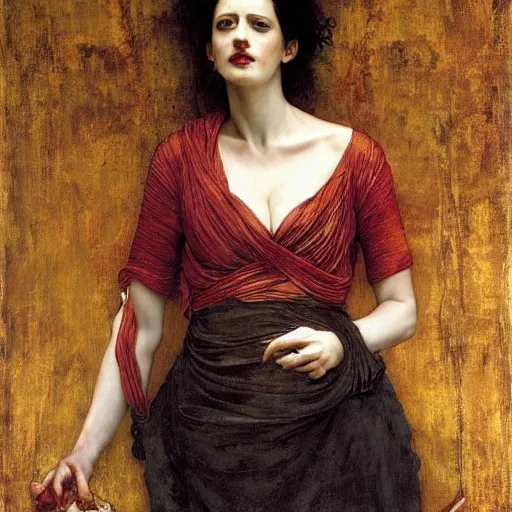 Image similar to eva green as a bandit queen, goddess of fire, fine silk red dress, by edgar maxence and caravaggio and michael whelan and delacroix