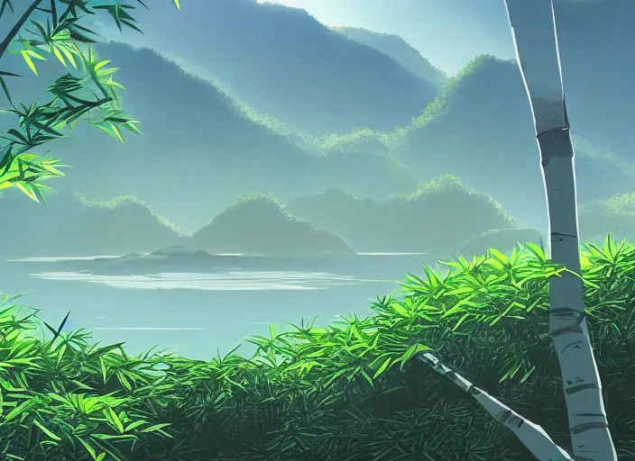 Image similar to misty japanese bamboo forest, cell shades, lake, waterfall!!!!!, large rocky mountain, rule of thirds, sunny, cartoony, stylized anime, sun rays, soft, by hayao miyazaki, ghibli studio, makoto shinkai, toei animation, studio trigger, trending on artstation, 4 k, hd