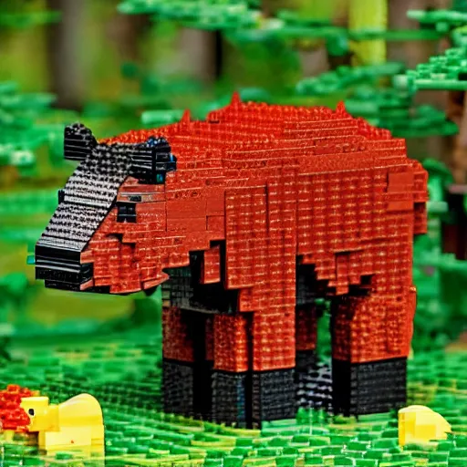 Image similar to lego of a capybara in a forest