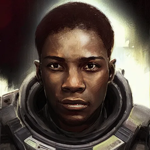 Prompt: portrait of a man by Greg Rutkowski, a black man in his 20s, short hair, military composure, friendly, wearing the tactical gear of the galactic alliance, Star Wars Expanded Universe, highly detailed portrait, digital painting, artstation, concept art, smooth, sharp foccus ilustration, Artstation HQ