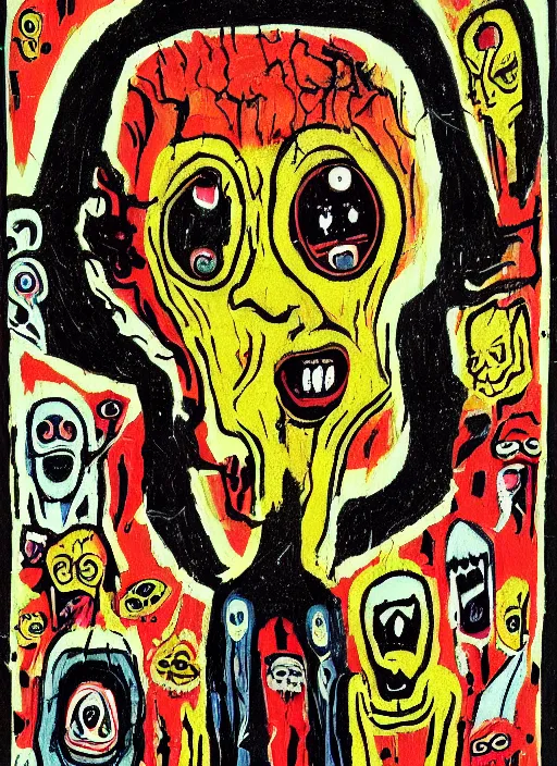 Image similar to a horror mad portrait of extraterrestrial art brut by a psycho man, full color outsider crazy marginal art