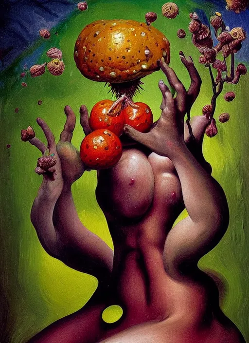 Image similar to Oil painting - She Eats of the Strangling Fruit and Her gossamer polyp blossoms bring iridescent fungal flowers whose spores black the foolish stars by Lucian Freud, and Mariusz Lewandowski, Abstract brush strokes, Masterpiece, Edward Hopper and James Gilleard, Zdzislaw Beksinski, Mark Ryden, Wolfgang Lettl, hyper detailed, hints of Yayoi Kasuma