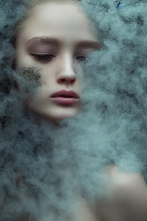 Prompt: inside a soul of a gorgeous young girl , searching for eternity, smoke out of her eyes, minimalistic dark forest in the style of stefan kostic, realistic, sharp focus, 8k high definition, high fashion, vogue, insanely detailed, soft light, colorful smoke, intricate, elegant, art by stanley lau and artgerm, sigma 85mm art