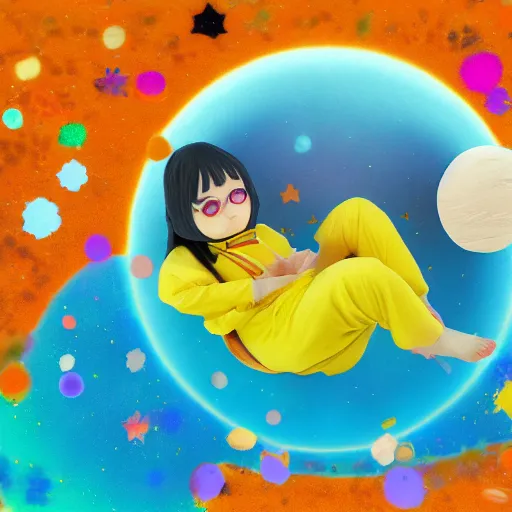 Image similar to rei chiquita plush floating in space surrounded by floating debris, 4k digital art