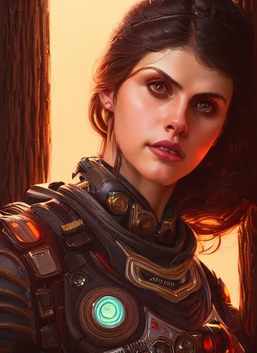 Image similar to portrait of apex legends alexandra daddario, intricate, elegant, glowing lights, highly detailed, digital painting, artstation, glamor pose, concept art, smooth, sharp focus, illustration, art by artgerm and greg rutkowski, artey freytag