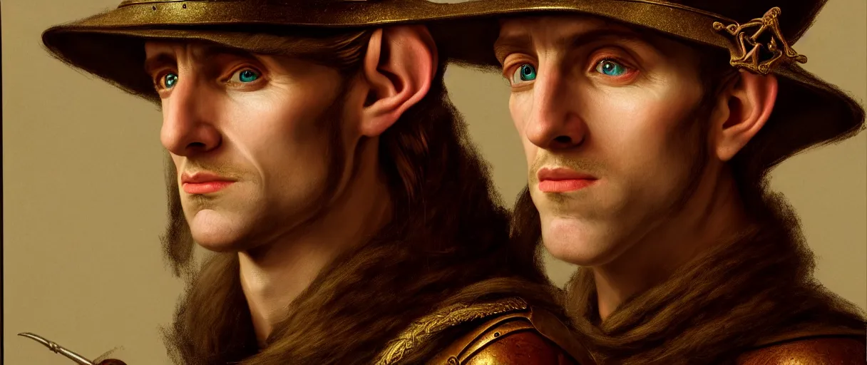 Image similar to hyperrealist highly detailed english medieval portrait of a very handsome half-elf bard, wearing a hat and expensive clothes, concept art pascal blanche dramatic studio lighting 8k wide angle shallow depth of field