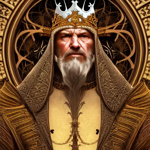 Image similar to ultra realistic illustration of a medieval old king, intricate, elegant, highly detailed, digital painting, artstation, concept art, smooth, sharp focus, illustration, art by artgerm and greg rutkowski and alphonse mucha