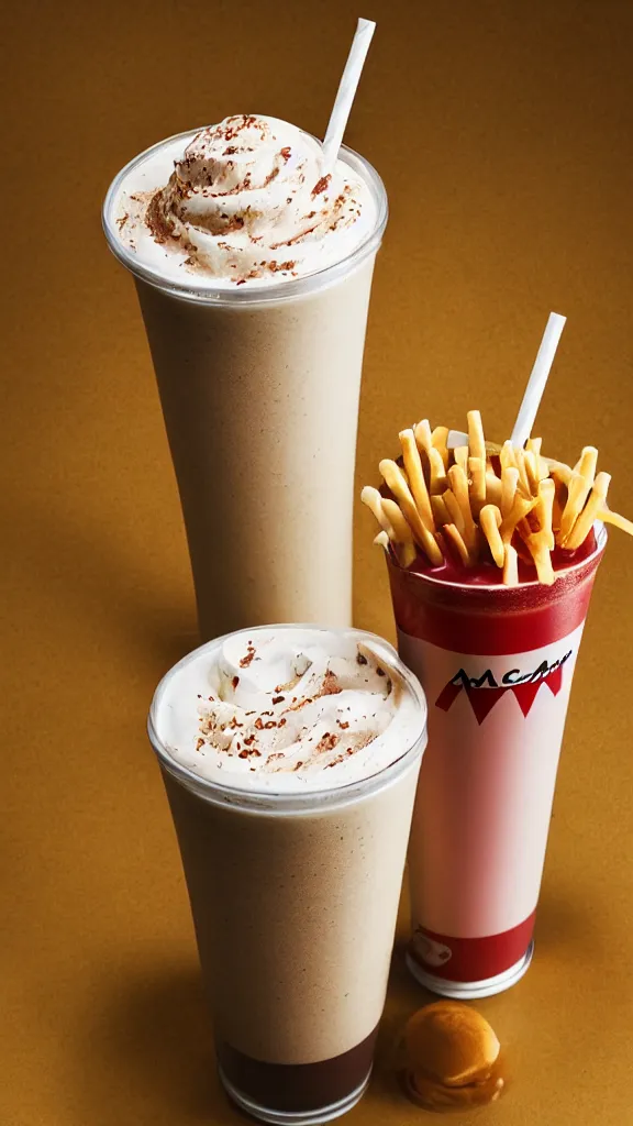 Prompt: a studio photograph of a McDonald’s milkshake lit cinematically, medium-angle lens, high contrast, highly detailed, sharp focus,