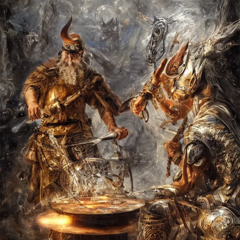 Image similar to mythological Viking Shaman of artificial intelligence creating an artificial neural network with synapses on an anvil, high resolution, award winning art, trending on art station, sharp image, incredibly detailed, detailed character realistic painting, painting by peter paul rubens