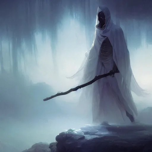 Image similar to ''cinematic shot'' white hooded mage ( specter ) holding a staff with leaves falling simetrical 8 k atmosferic realistic made by ivan aivazovsky, peter mohrbacher, greg rutkowski volumetric light effect broad light oil painting painting fantasy art style sci - fi art style realism premium prints available artwork unreal engine