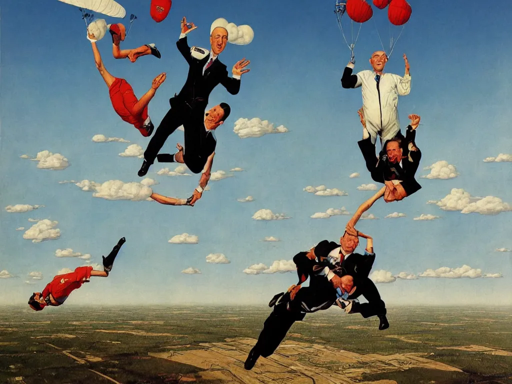 Prompt: benjamin netanyahu skydiving, plane and parachute in background, by norman rockwell and rene magritte, highly detailed