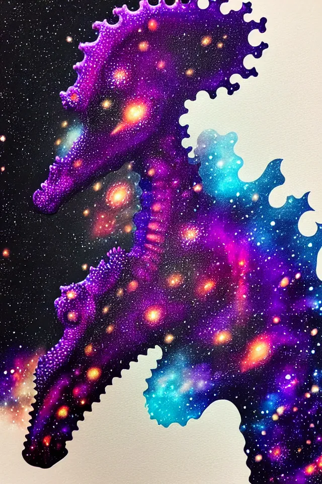 Prompt: a close up portrait of a purple ornate seahorse head statue, orange eyes, black paper, galaxy, nebula, billions of details, beautiful intricate painting by kokaris