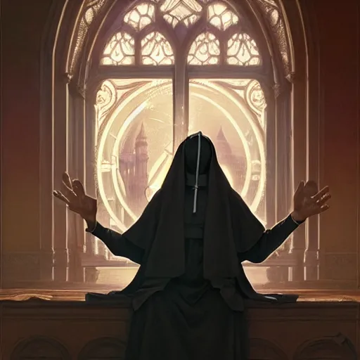 Image similar to highly detailed vfx portrait of dark - skinned nun casting spell on the pope, stephen bliss, greg rutkowski, loish, rhads, beeple, makoto shinkai, tom bagshaw, alphonse mucha, sharp focus, art by artgerm and greg rutkowski, stanley kubrick, backlit, harsh overhead sunlight,