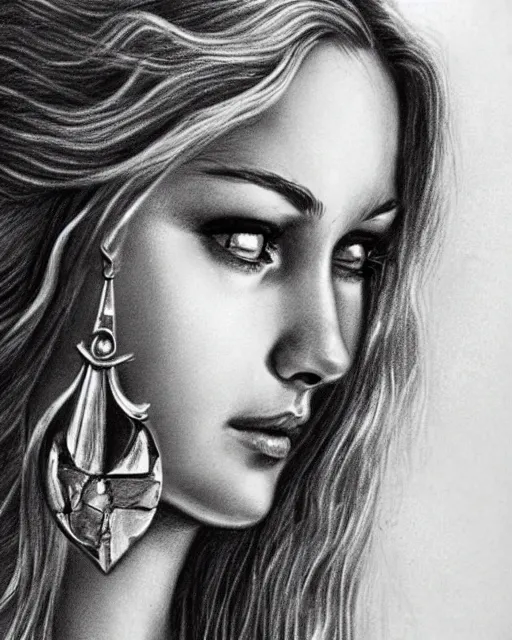 Image similar to pencil drawing of a beautiful greek goddess aphrodite with arrowhead earrings, beautiful piercing eyes, beautiful blonde hair, hyper realistic face, in the style of greg rutkowski, fantasy, amazing detail, epic, elegant, smooth, sharp focus, from the front