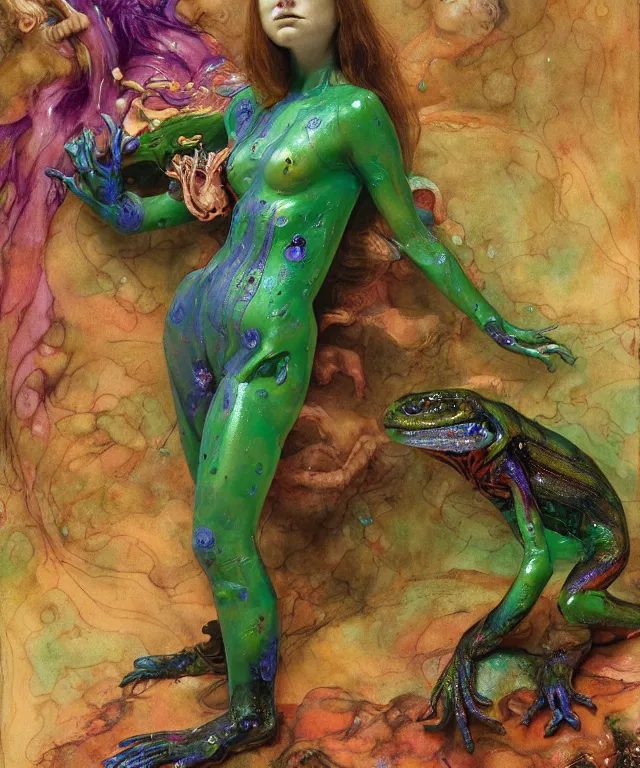 Prompt: a portrait photograph of a colorful alien succubus super villian with amphibian skin. she looks like sadie sink and is being wrapped in a colorful slimy infected organic membrane catsuit while meditating. by donato giancola, hans holbein, walton ford, gaston bussiere, peter mohrbacher and brian froud. 8 k, cgsociety, fashion editorial