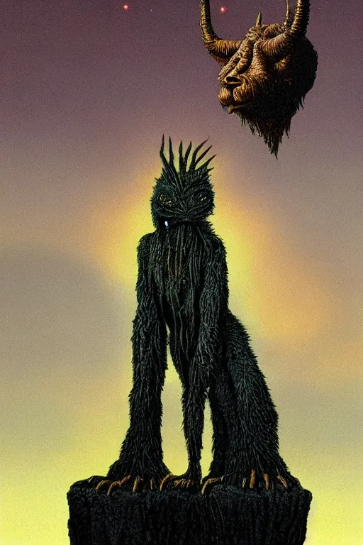 Prompt: Artwork by Tim White of Abe the Forgotten Beast, A towering humanoid composed of rose gold, with a gaunt appearance and a matted grey fur