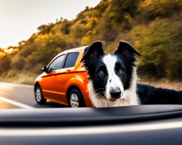 Image similar to border collie dog in the driver's seat of an orange nissan note, paws on wheel, car moving fast, rally driving photo, award winning photo, golden hour, front of car angle