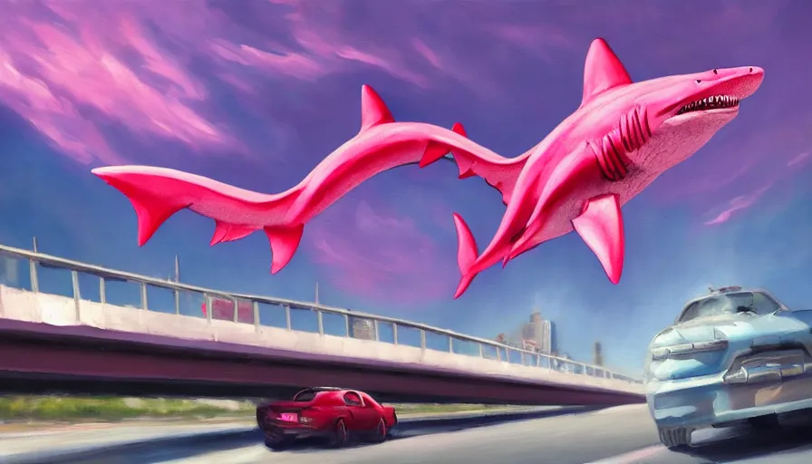 Prompt: an oil painting of a giant pink shark falling out of a blue sky onto cars on a busy bridge, artstation, cinematic lighting