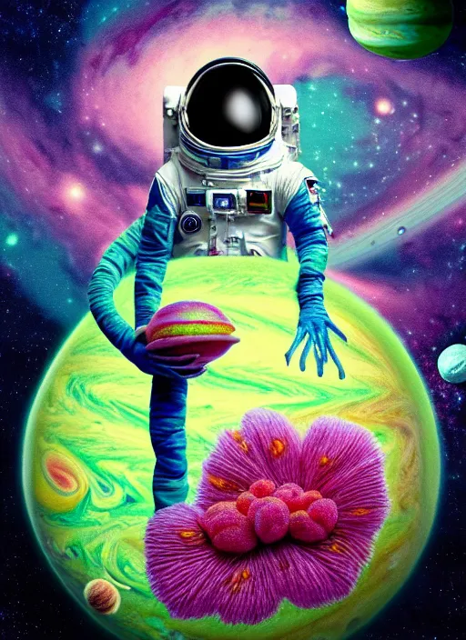 Image similar to hyper detailed 3d render of alien visiting jupiter - kawaii portrait in spaceship (an astronaut with advanced suit like a skeksis from dark crystal that looks like millie bobby brown and Krysten Ritter) seen Eating of the Strangling network of yellowcake aerochrome and milky Fruit and His delicate Hands hold of gossamer polyp blossoms bring iridescent fungal flowers whose spores black the foolish stars by Jacek Yerka, Ilya Kuvshinov, Mariusz Lewandowski, Houdini algorithmic generative render, Abstract brush strokes, Masterpiece, Edward Hopper and James Gilleard, Zdzislaw Beksinski, Mark Ryden, Wolfgang Lettl, hints of Yayoi Kasuma, octane render, 8k