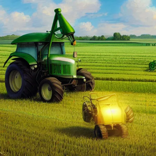 Prompt: huge green farming robot with agricultural tractor in the corn field, sphere shape, robots, humanoid, farming, highly detailed digital painting, artstation, concept art, smooth, sharp focus, illustration, art by artgerm and greg rutkowski, unreal engine