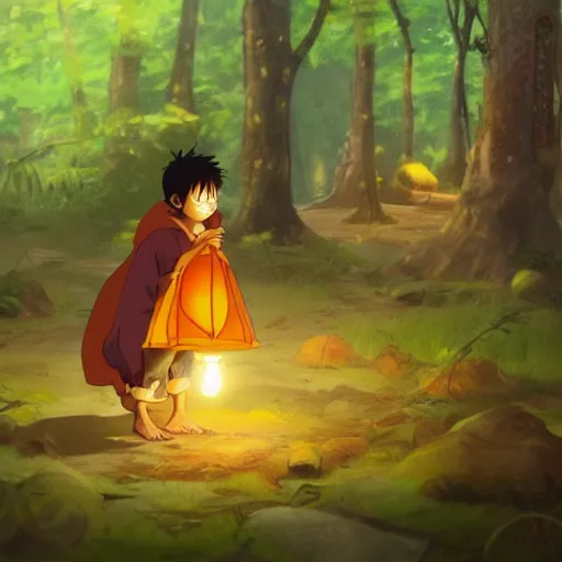 Prompt: concept art painting of an luffy chipmunk wearing a yellow cloak, holding a lantern, in the deep forest, realistic, detailed, cel shaded, in the style of makoto shinkai and greg rutkowski and james gurney