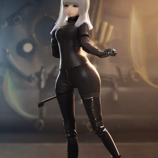 Image similar to photo of 2B nier automata wearing skintight clothes, bokeh, medium full shot, highly detailed skin and detailed face, flares, multicolor smoke