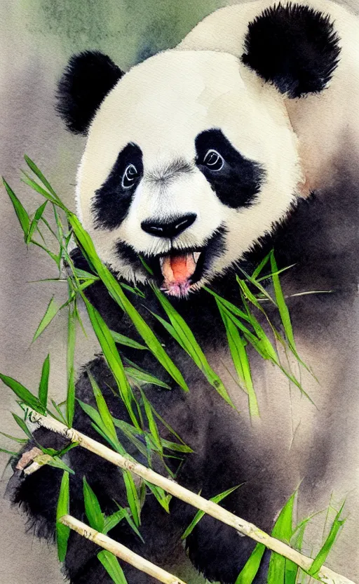 Image similar to a watercolor painting of a panda eating bamboo, dynamic lighting, photorealistic, ambient lighting, atmospherical, stunning visuals, trending on art station