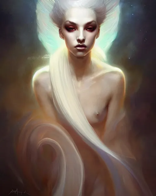 Prompt: elegant feathered beauty portrait cloaked in ethereal light, halo of light, fantasy art by artgerm, peter mohrbacher