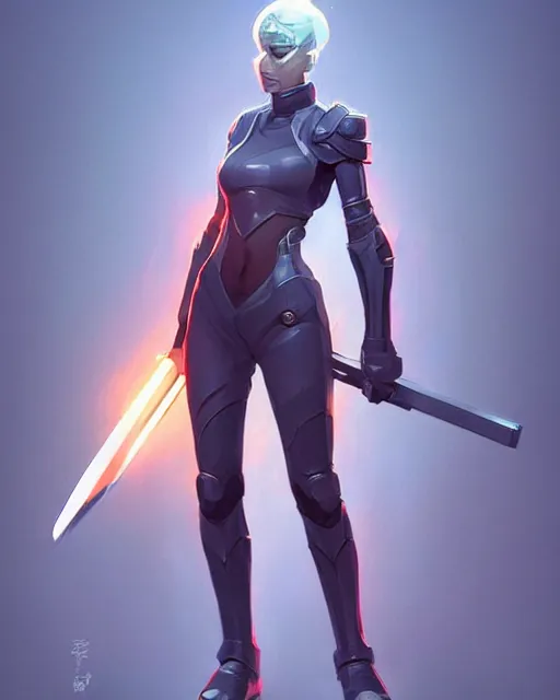 Image similar to concept art of a futurstic warior, wearing tight futurstic clothes, holding a futuristic weapon | | cute - fine - fine details by stanley artgerm lau, wlop, rossdraws, james jean, andrei riabovitchev, marc simonetti, and sakimichan, trending on artstation